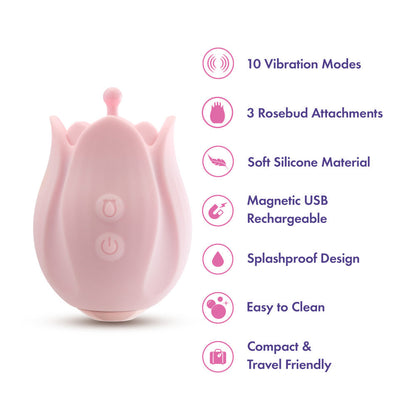 Pink rosebud silicone vibrator with 10 modes, 3 textured attachments, splashproof, USB rechargeable, and perfect for clitoral and nipple play.

Rose vibrator, silicone rose vibrator, rosebud attachments, clitoral stimulation, nipple stimulation, 10 vibration modes, USB rechargeable vibrator, splashproof massager, body-safe silicone, discreet vibrator, travel-friendly vibrator