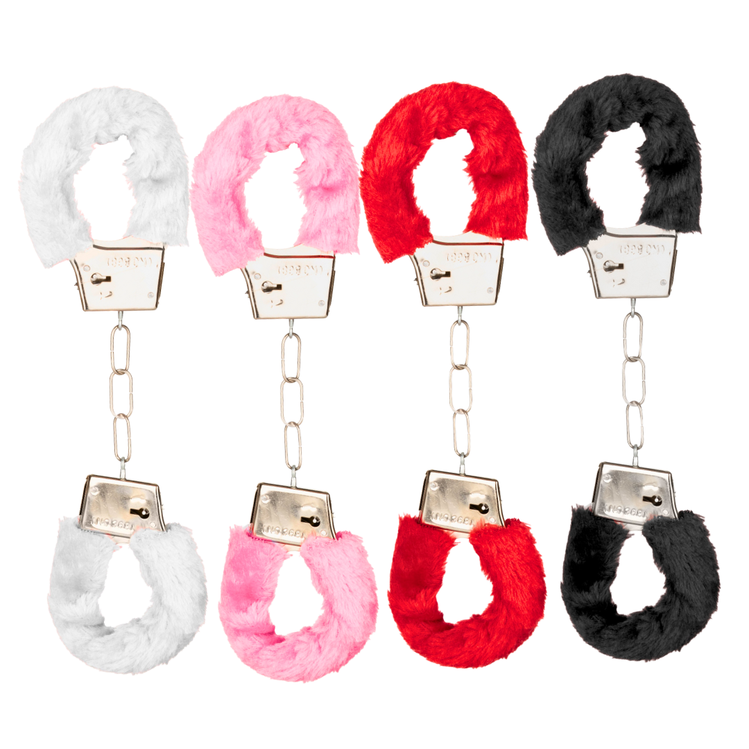 Playful Furry Cuffs: Soft faux fur-covered metal handcuffs with adjustable fit, safety release, 2 keys, and a link chain for bondage play.