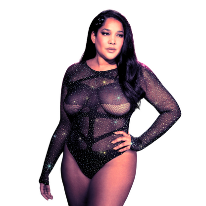plus-size long sleeve bodysuit, Radiance long sleeve bodysuit, sheer mesh bodysuit, rhinestone-adorned bodysuit, plus-size thong bodysuit, bold festival bodysuit, sexy plus-size lingerie, stretchy mesh bodysuit, black long sleeve bodysuit, daring sheer bodysuit, curve-hugging plus-size bodysuit, glamorous plus-size bodysuit, sparkling rhinestone lingerie, bold festival wear, plus-size festival outfit ideas