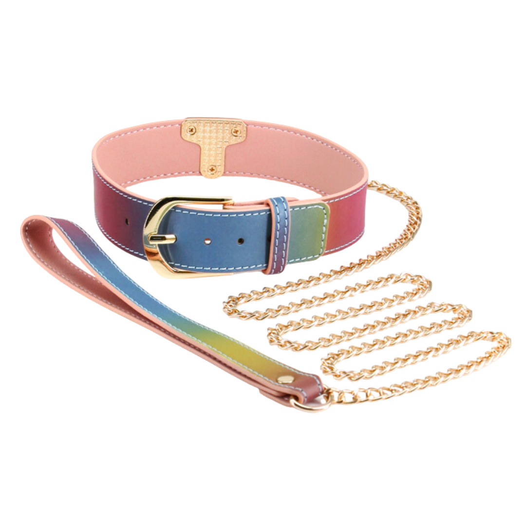 Rainbow BDSM collar and leash set with adjustable faux leather collar and gold chain leash.

Keywords: Spectra Bondage Collar and Leash Rainbow, rainbow BDSM collar and leash, colorful bondage set, faux leather collar, NS Novelties leash set, adjustable BDSM collar, stylish bondage accessories, vibrant fetish restraints, kinky collar and leash set, rainbow bondage gear.