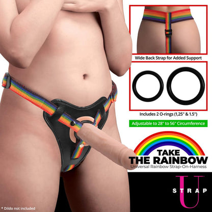 Rainbow Universal Harness with adjustable straps, padded front, silicone O-rings, and wide back strap for support. Perfect for pegging and strap-on play.

rainbow strap-on harness, pegging harness, universal harness, adjustable strap-on, padded strap-on harness, silicone O-ring harness, pride strap-on, heavy dildo support harness, rainbow nylon harness, strap-on for pegging.
