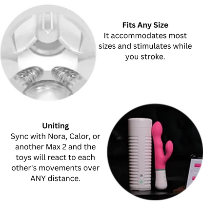 Max 2 male masturbator with dual stimulation, air pump contractions, and vibration, offering app control, toy sync, and VR content integration.

Max 2 male masturbator, Lovense Max 2, high-tech masturbator, VR sync masturbator, dual stimulation male toy, air pump masturbator, app-controlled male toy, long-distance sex toy, realistic sleeve masturbator, customizable vibration male toy.