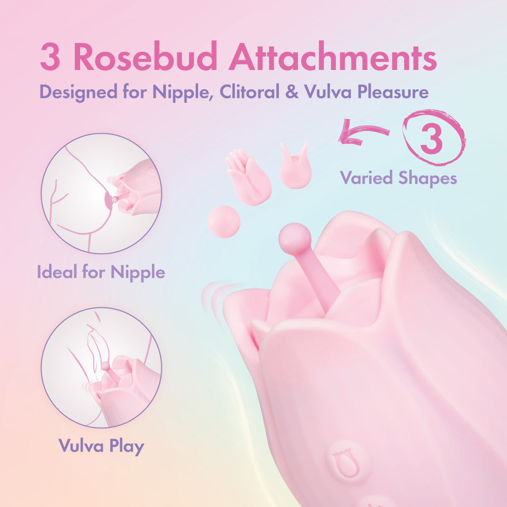 Pink rosebud silicone vibrator with 10 modes, 3 textured attachments, splashproof, USB rechargeable, and perfect for clitoral and nipple play.

Rose vibrator, silicone rose vibrator, rosebud attachments, clitoral stimulation, nipple stimulation, 10 vibration modes, USB rechargeable vibrator, splashproof massager, body-safe silicone, discreet vibrator, travel-friendly vibrator