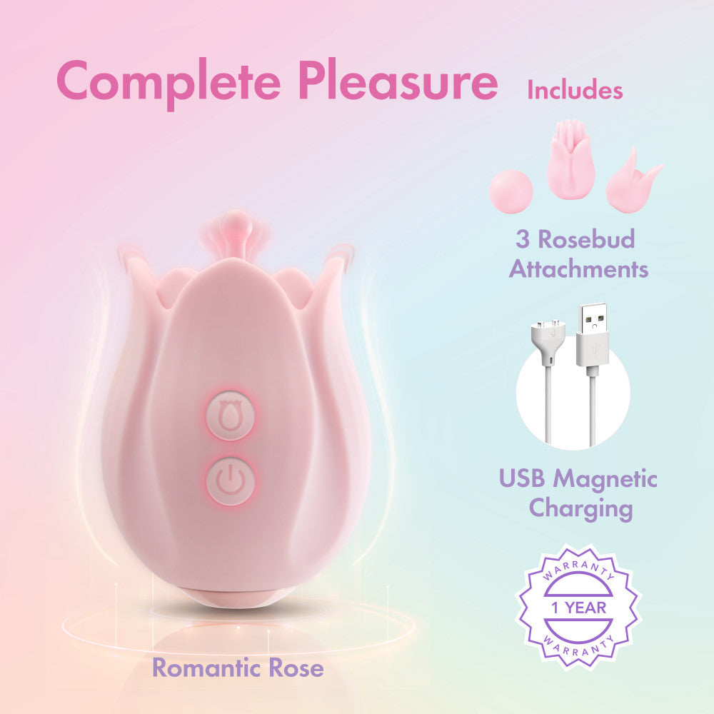 Pink rosebud silicone vibrator with 10 modes, 3 textured attachments, splashproof, USB rechargeable, and perfect for clitoral and nipple play.

Rose vibrator, silicone rose vibrator, rosebud attachments, clitoral stimulation, nipple stimulation, 10 vibration modes, USB rechargeable vibrator, splashproof massager, body-safe silicone, discreet vibrator, travel-friendly vibrator