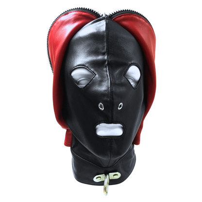Leather Fly Trap Mask with black outer hood, red inner hood, zipper front, and D-ring for restraints. Includes openings for eyes, nostrils, and mouth.

