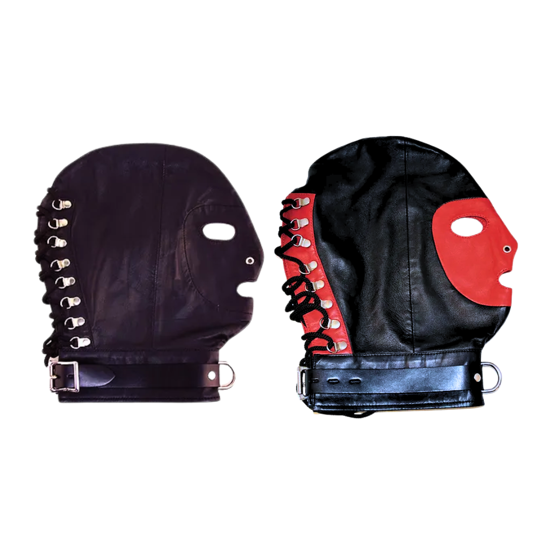 Soft leather mask with lockable buckle, D-ring, and openings for eyes, mouth, and nostrils. Adjustable collar for secure and comfortable fit.

