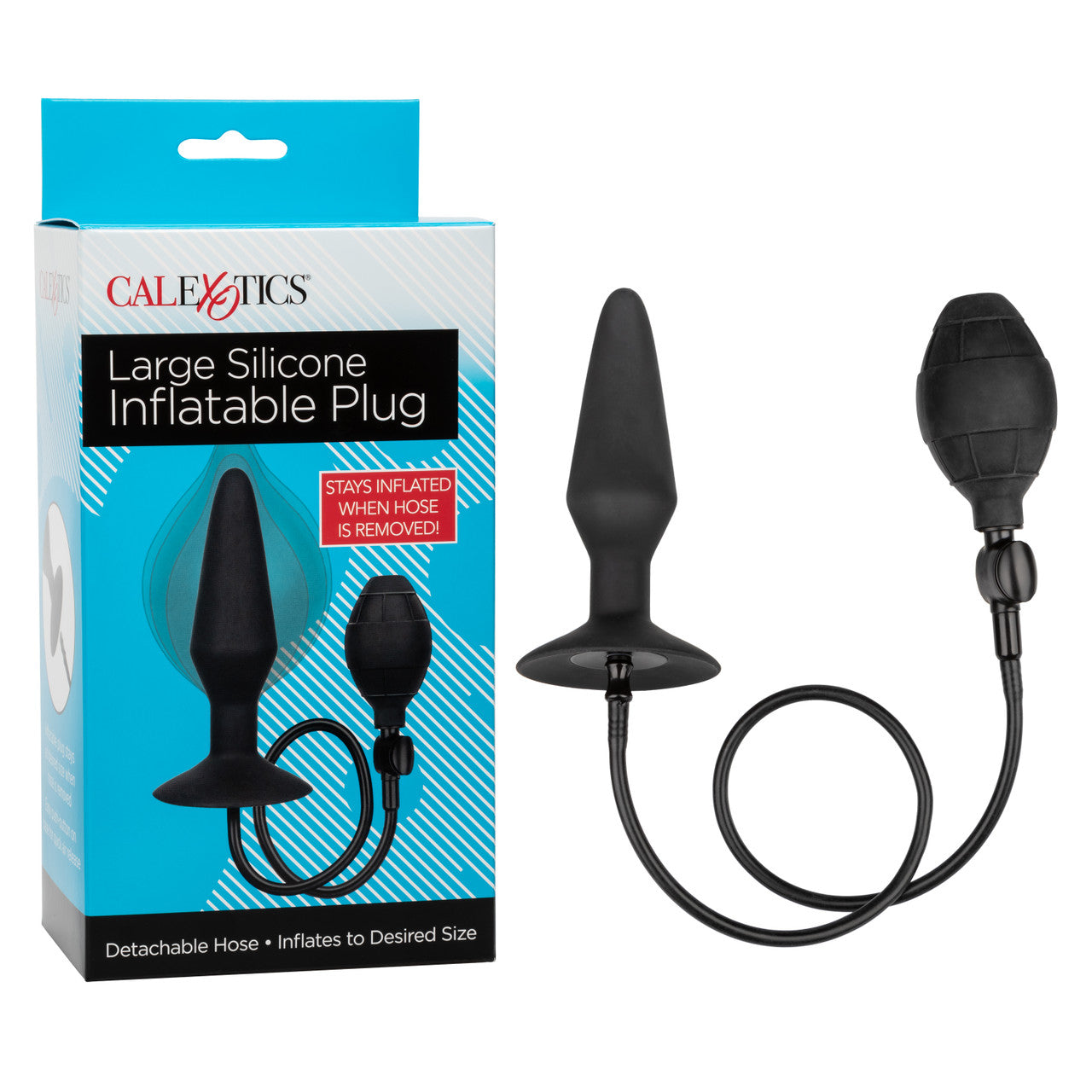 CalExotics Large Silicone Inflatable Plug. Featuring an inflatable design with a detachable hose, quick-release valve, and powerful suction cup base, this body-safe silicone probe offers customizable sizing and hands-free fun. Measures 5.25” x 1.5” before inflation.