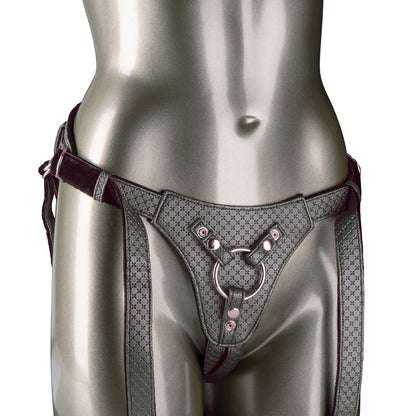 The Regal® Queen harness in Red Bronze or Gray Pewter, featuring a corset-inspired lace design, plush velvet lining, and adjustable buckle closure, perfect for customizable probe play. 
luxurious strap-on, vegan leather harness, corset-style harness, plush velvet lining, adjustable buckle closure, phthalate-free harness, crotchless design, probe play harness, Red Bronze, Gray Pewter, premium harness.