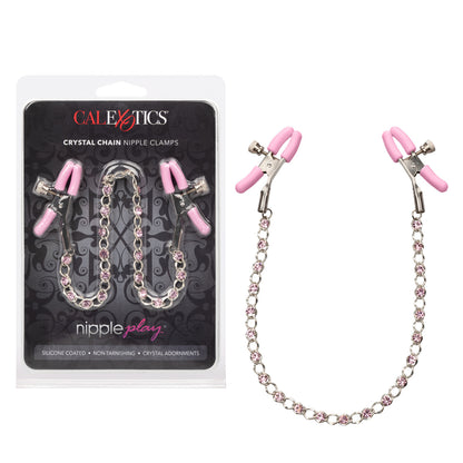 Adjustable nipple clamps with sparkling crystal chain. Enhance sensitivity and arousal with customizable tension. Nickel-free and silicone-coated for comfort.