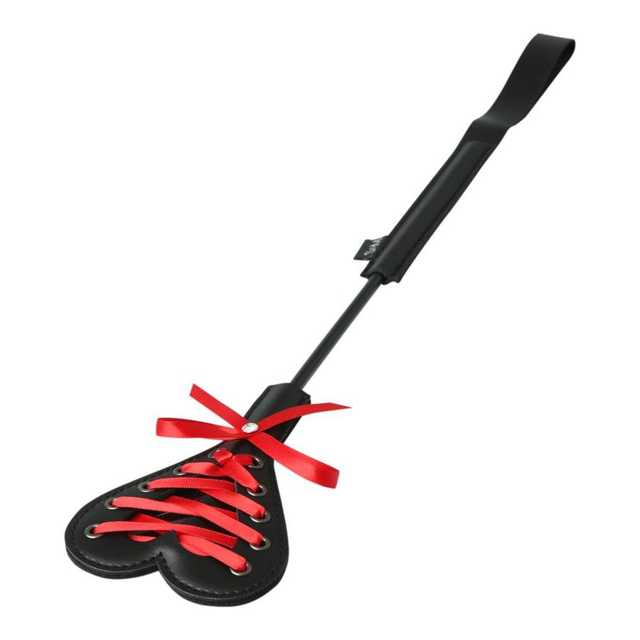 Sportsheets Heart Beat Crop: Dual-sided spanking crop with smooth and laced surfaces, red corset-inspired lacing, and sparkling bling for stylish impact play.