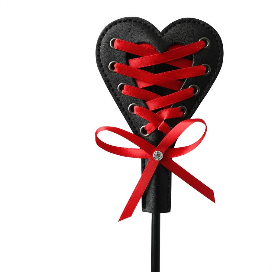 Sportsheets Heart Beat Crop: Dual-sided spanking crop with smooth and laced surfaces, red corset-inspired lacing, and sparkling bling for stylish impact play.