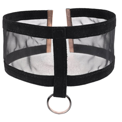 Sheer mesh BDSM collar with velvet ribbon, black and gold ring, and adjustable lobster claw closure. Keywords: sheer day collar, BDSM day collar, velvet ribbon collar, adjustable BDSM collar, discreet submissive wear, black and gold collar, sheer mesh necklace, submission collar, fetish accessories, BDSM fashion.