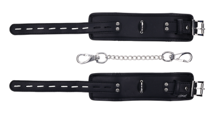 Edge® Handcuffs with padded black design, adjustable buckle closure, and removable metal tether for comfortable and secure BDSM play.