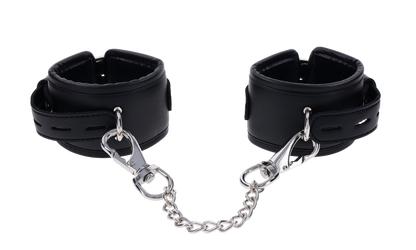 Edge® Handcuffs with padded black design, adjustable buckle closure, and removable metal tether for comfortable and secure BDSM play.