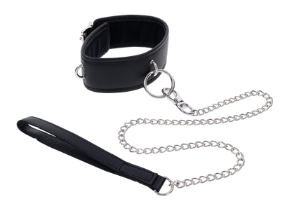 Edge® Collar and Leash with padded black faux leather design, silver hardware, removable leash, and versatile connection points for BDSM play