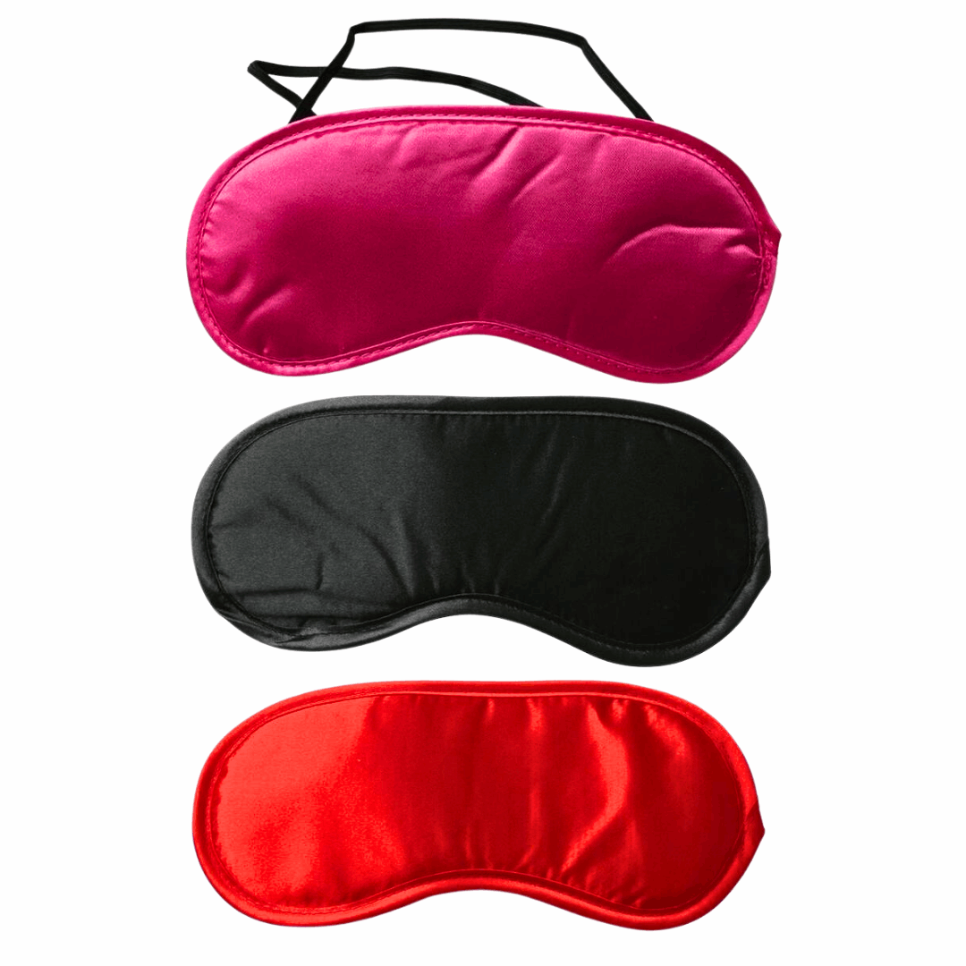 A luxurious black satin blindfold with Velboa trim, featuring a dual-elastic strap for a secure and comfortable fit. Perfect for intimate sensory play and teasing, providing complete eye coverage for heightened anticipation.