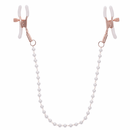 Rose gold nipple clamps with faux pearl accents. Adjustable design with white rubber tips to enhance sensitivity. Hypoallergenic and nickel-free for safe, stylish play.