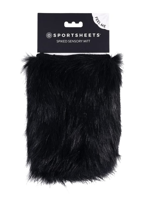 Sportsheets Spiked Sensory Mitt: Black faux fur sensory mitt with hidden spikes for tickling and sharp sensations. Keywords: Spiked Sensory Mitt, faux fur sensory mitt, sensory play tool, dual sensation mitt, BDSM sensory toy, tickling mitt, prickly sensory mitt, sensory mitt for couples, sensory play BDSM gear, Sportsheets sensory toys.