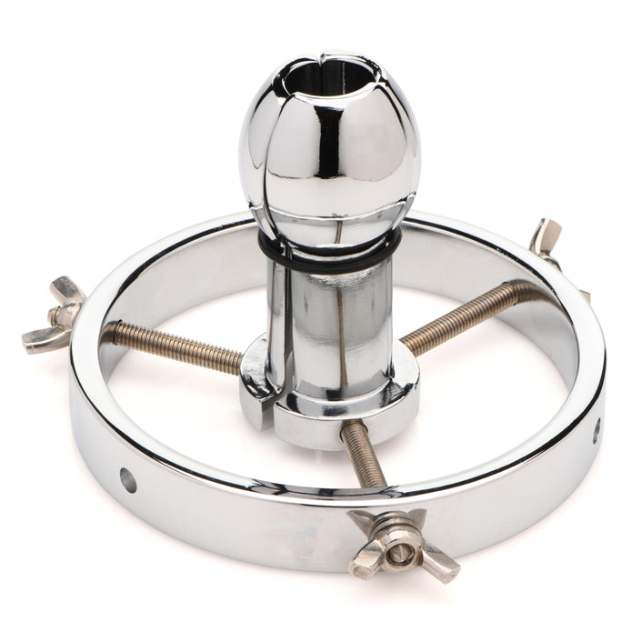 Stainless steel anal expander with adjustable plug from 1.6 to 3.8 inches, fisting-friendly center ring, and 6 silicone O-rings for extreme anal play.

