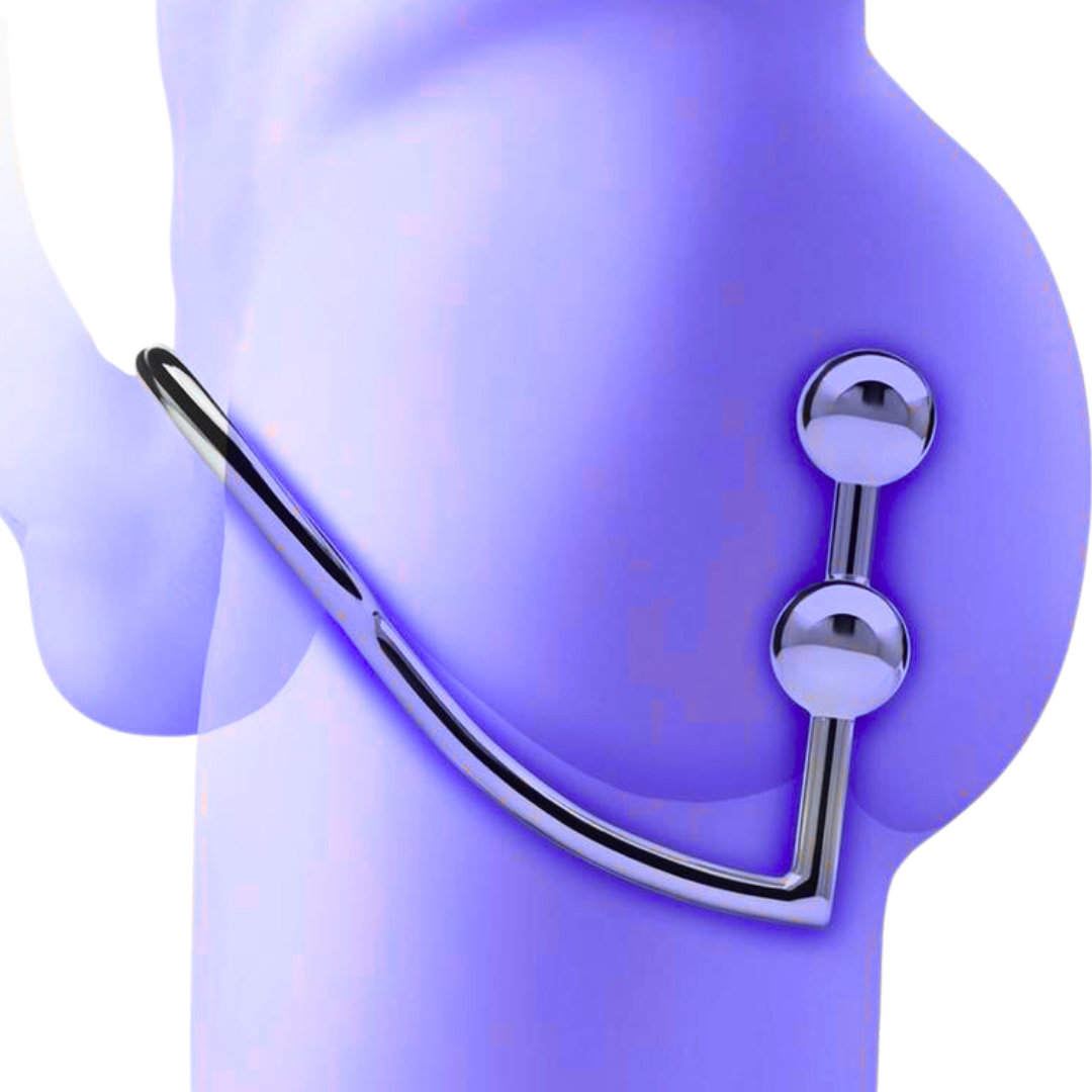 Stainless steel anal hook with two beads and a 45mm cock ring for heightened control and pleasure.