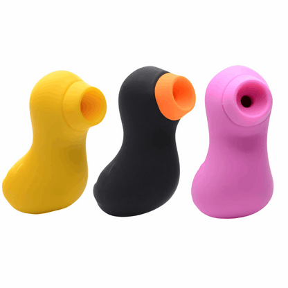 Compact clit stimulator shaped like a duck, available in Black, Pink, or Yellow, featuring 7 suction intensities, premium silicone material, and waterproof design.
Sucky Ducky, clit stimulator, waterproof clitoral toy, rechargeable clit sucker, 7 suction intensities, premium silicone vibrator, playful clit stimulator, bath-safe vibrator, novelty sex toy, Shegasm clit toy.