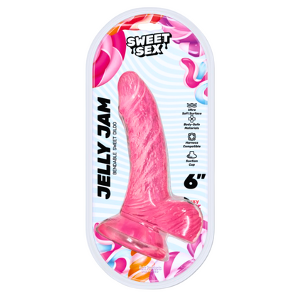 6" Jelly Jam bendable dildo with soft silicone surface, suction cup base, and harness compatibility for versatile pleasure.

