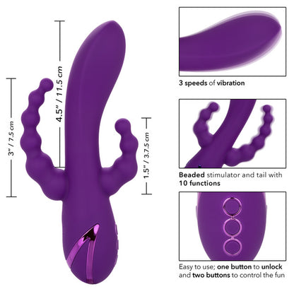 The California Dreaming® Long Beach Bootylicious is a triple-action vibrator with a G-spot shaft, clitoral teaser, and vibrating tail. With 3 speeds, 10 functions, and independent controls, it’s designed for ultimate pleasure.

triple-action vibrator, G-spot and clitoral vibrator, vibrating tail, dual-penetration vibrator, silicone waterproof vibrator, rechargeable triple-action massager, clitoral teaser vibrator, versatile vibrator, 10-function vibrator.