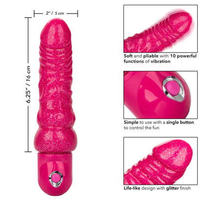 The Naughty Bits® Lady Boner™ Bendable Personal Vibrator - Pink glitter bendable vibrator with realistic veins and head, featuring 10 vibration functions and a waterproof design. Keywords: bendable glitter vibrator, Naughty Bits collection, pink glitter vibe, waterproof personal vibrator, realistic textured vibrator, 10-function vibrator, phthalate-free vibrator, flexible waterproof vibrator, travel-friendly vibrator.