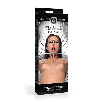 Tower of Pain BDSM, adjustable nipple clamps, clover-style clamps, stainless steel BDSM gear, nipple torment toy, BDSM adjustable height toy, nickel-free BDSM accessories, BDSM travel toys, nipple clamp tower
