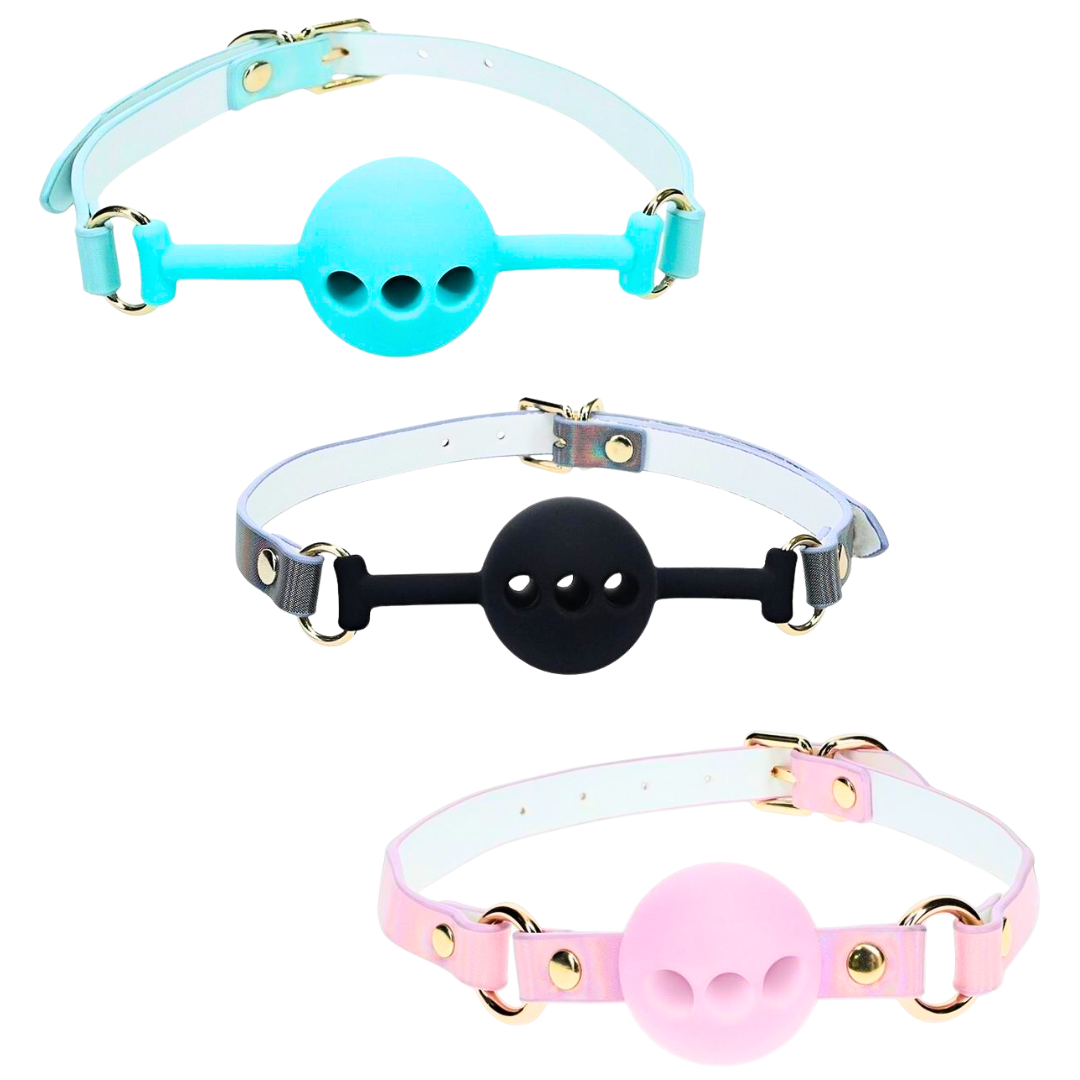 Turquoise adjustable breathable ball gag with silicone ball and iridescent hardware, perfect for stylish and comfortable BDSM play.