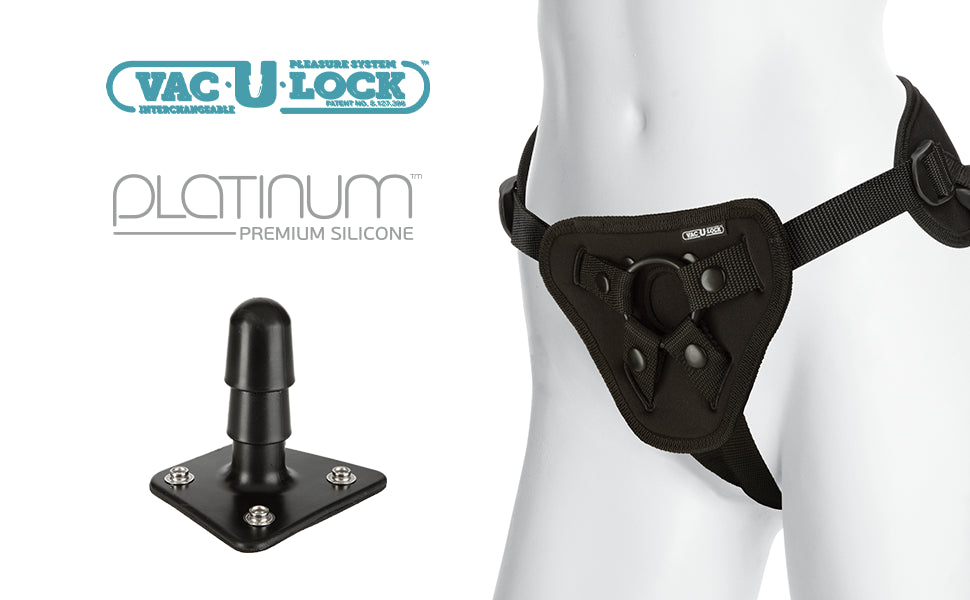 Unisex Doc Johnson Vac-U-Lock Platinum Supreme Harness, adjustable up to 69 inches, compatible with all Vac-U-Lock and O-ring attachments, soft neoprene material, cushioned support.

Vac-U-Lock harness, adjustable strap-on harness, Doc Johnson Supreme Harness, unisex strap-on harness, O-ring harness, soft neoprene harness, cushioned support strap-on, compatible with Vac-U-Lock attachments, black strap-on harness, open jockstrap harness.