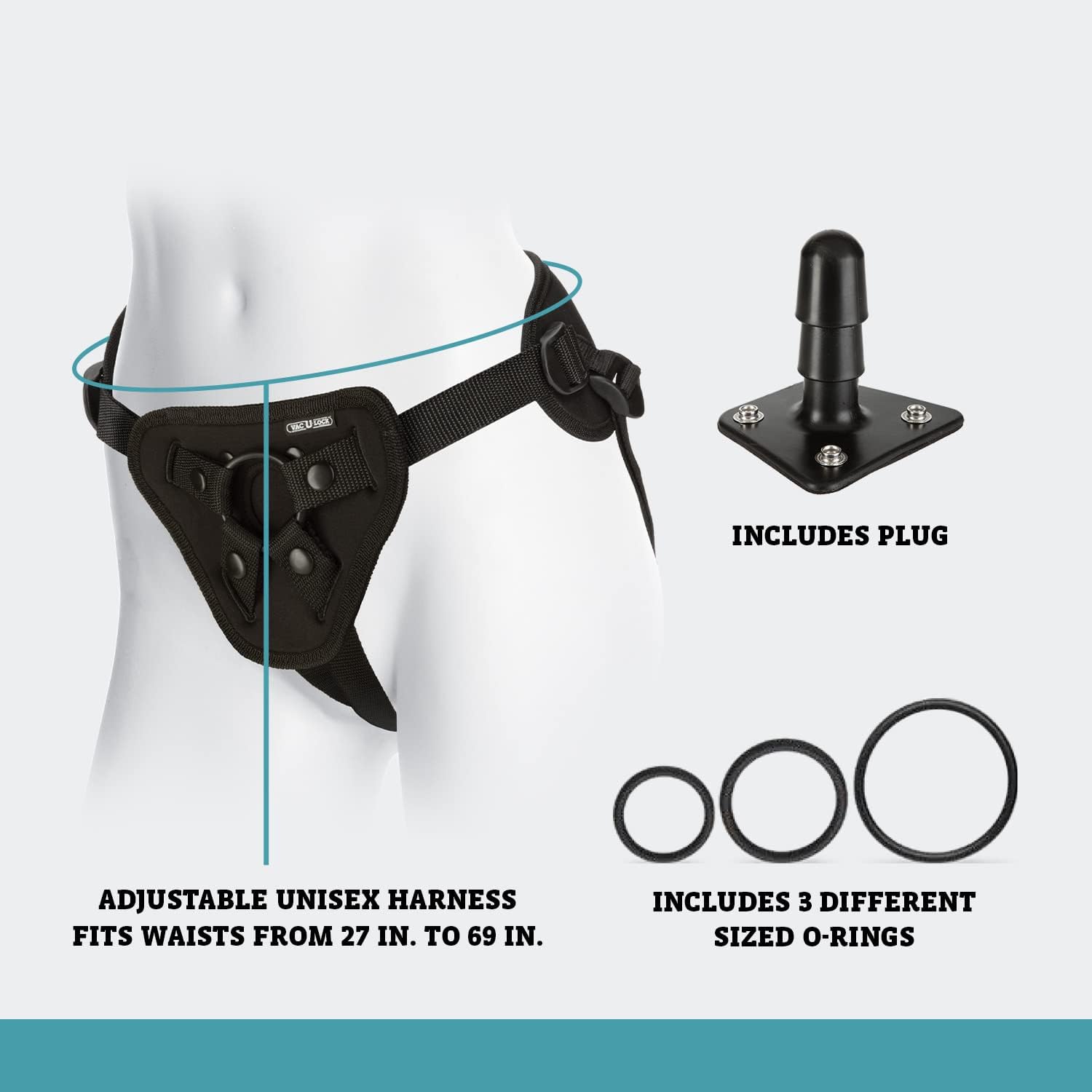 Unisex Doc Johnson Vac-U-Lock Platinum Supreme Harness, adjustable up to 69 inches, compatible with all Vac-U-Lock and O-ring attachments, soft neoprene material, cushioned support.

Vac-U-Lock harness, adjustable strap-on harness, Doc Johnson Supreme Harness, unisex strap-on harness, O-ring harness, soft neoprene harness, cushioned support strap-on, compatible with Vac-U-Lock attachments, black strap-on harness, open jockstrap harness.
