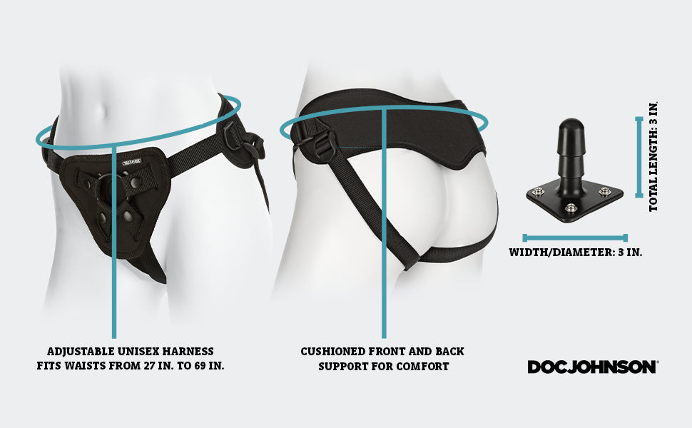 Vac-U-Lock harness, adjustable strap-on harness, Doc Johnson Supreme Harness, unisex strap-on harness, O-ring harness, soft neoprene harness, cushioned support strap-on, compatible with Vac-U-Lock attachments, black strap-on harness, open jockstrap harness.
