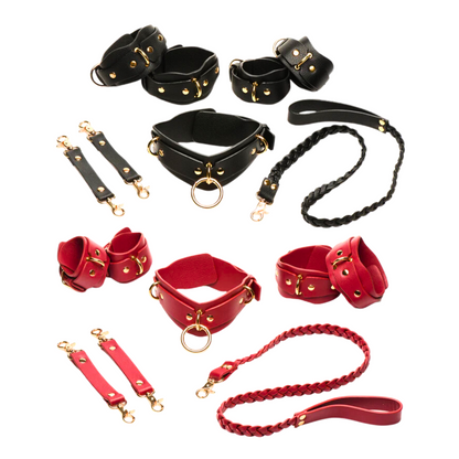 Vegan leather bondage set in black or red with gold accents. Includes cuffs, collar, leash, and connectors for versatile restraint play. Keywords: vegan leather bondage set, red and gold BDSM set, black and gold bondage set, adjustable BDSM cuffs, vegan leather collar, nickel-free bondage gear, braided leash BDSM, luxury bondage set, complete BDSM restraint kit, beginner-friendly bondage gear, stylish BDSM accessories.
