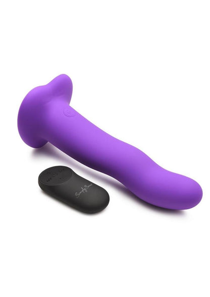Violet silicone wavy dildo with vibrations, remote control, suction cup base, harness compatible, waterproof, body-safe. Keywords: vibrating silicone dildo, harness-compatible dildo, suction cup dildo, remote-controlled vibrator, waterproof vibrating dildo, Curve Toys premium dildo, wavy shaft dildo, rechargeable silicone dildo, vibrating strapon-compatible dildo.
