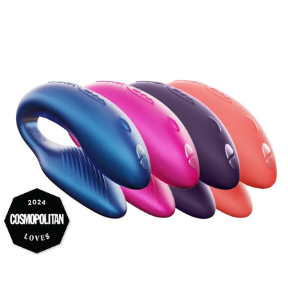 Image of We-Vibe Chorus couples vibrator in four colors (Cosmic Blue, Cosmic Pink, We-Vibe Purple, Crave Coral) with its ergonomic, adjustable design and 2024 Cosmopolitan Loves award.

