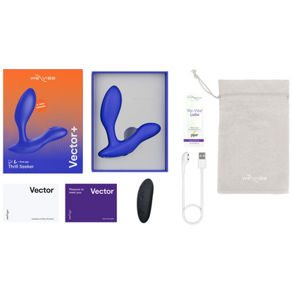 The complete We-Vibe Vector+ Prostate Massager kit, featuring the massager, remote control, USB charger, We-Vibe lube, storage pouch, and instructional materials.