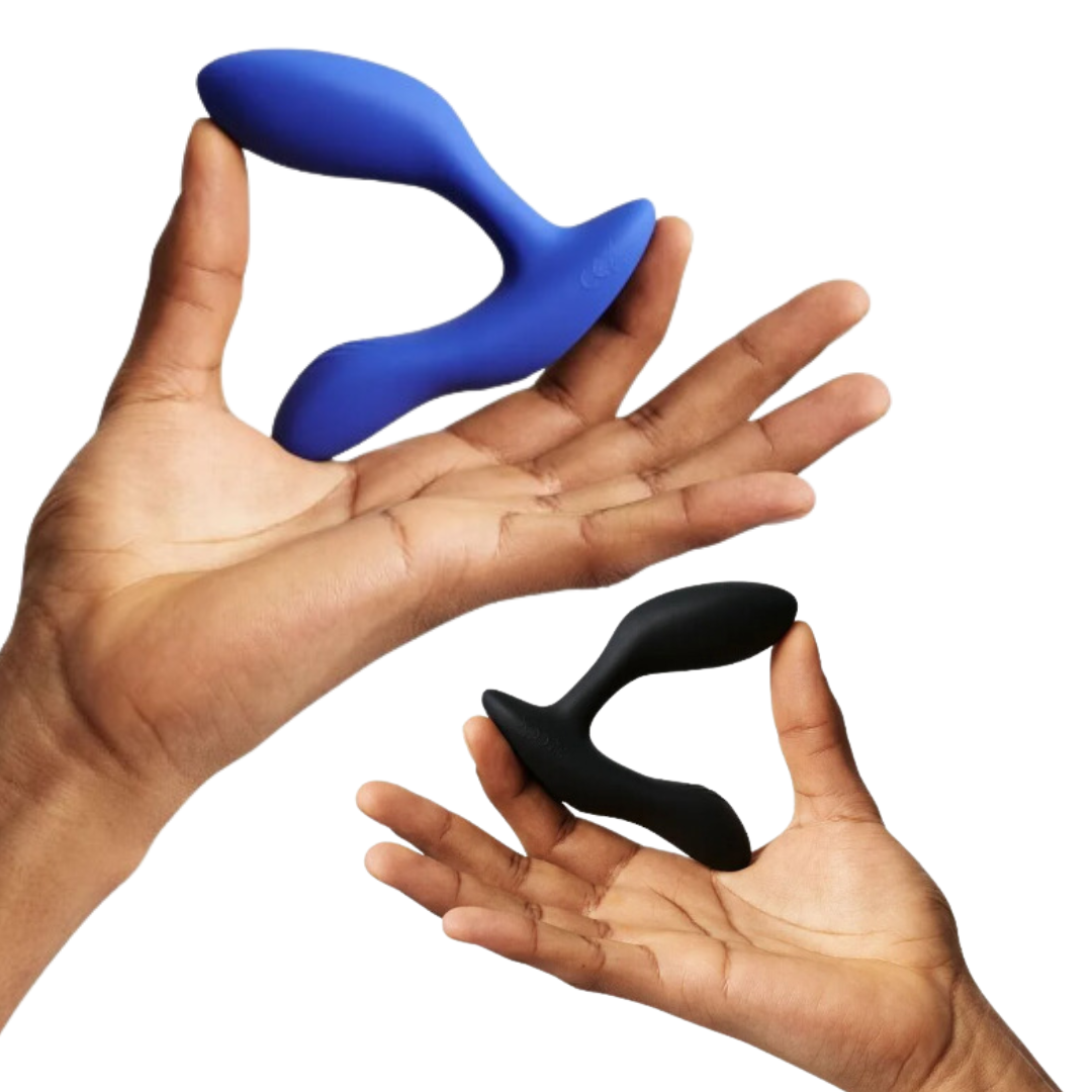 A close-up of the We-Vibe Vector+ Prostate Massager in blue, alongside its black remote control for wireless operation.