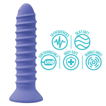 Screwjob Wet Dreams Ultra ribbed rechargeable vibrator in whimsical purple, featuring 10 vibration frequencies, IPX7 waterproof rating, and USB charging.


