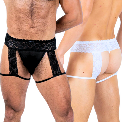 Men’s lace and mesh garter panty available in black and white, featuring adjustable straps, a wide lace waistband, and a bold, open-back design.


