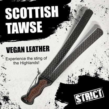 Black-and-brown vegan leather tawse whip with split ends and a curved handle, designed for stylish and functional BDSM impact play.