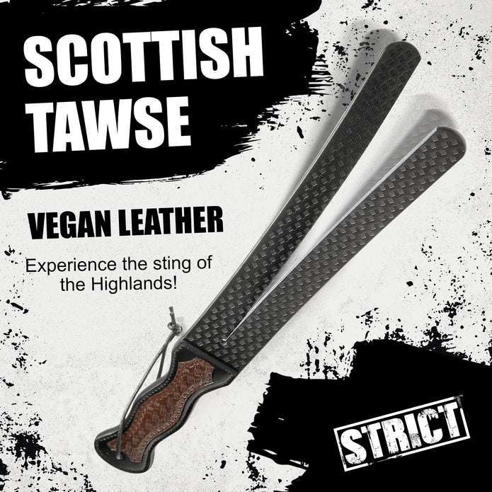 Black-and-brown vegan leather tawse whip with split ends and a curved handle, designed for stylish and functional BDSM impact play.