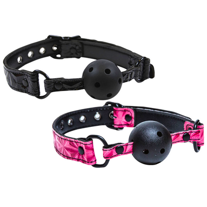 Midnight Black Adjustable Ball Gag with ventilated ABS plastic ball, soft neoprene lining, and nickel-free anodized hardware for stylish bondage play.