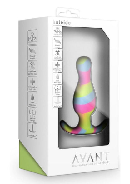 Avant Kaleido Lime Silicone Anal Plug - Multicolor Packaging of the Avant Kaleido Lime Butt Plug, showcasing its vibrant multicolored design and key features, including Puria™ silicone, StayPut™ design, and AnchorTech™ base.