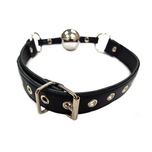 Adjustable black leather ball gag with a hollow stainless steel ball, designed for comfort and secure fit, ideal for BDSM play. 
ball gag, stainless steel ball gag, hollow ball gag, adjustable leather strap gag, BDSM gag, black-and-silver gag, beginner BDSM accessories, breathable ball gag, kink gear, leather BDSM accessories, stylish ball gag, adjustable BDSM toys