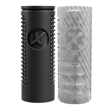 EZ Grip Stroker in black or clear, featuring a textured interior, squeezable design, and snug suction for ultimate pleasure.