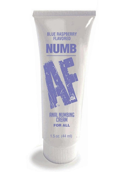 Tube of Blue Raspberry NUMB AF Anal Numbing Cream in a 1.5 oz (44 ml) size. The packaging features bold blue text with "NUMB AF" prominently displayed, along with "Anal Numbing Cream For All" beneath it. The flavor is listed at the top, and the tube has a simple, clean design, emphasizing its numbing function and flavor.

