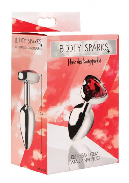 Booty Sparks Heart Gem Small Anal Plug - Metal/Red - Small Packaging of the Booty Sparks Red Heart Gem Large Anal Plug, showcasing its sleek, metal finish and heart-shaped crimson gem. Tagline: "Make that booty sparkle!" Highlights include a smooth, nickel-free aluminum alloy design.
