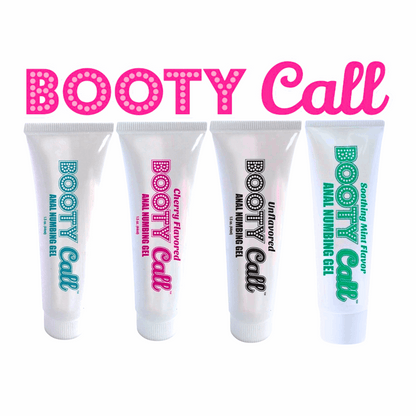 The image features four tubes of "Booty Call Anal Numbing Gel" in different flavors and variations, arranged in a row under a bold "Booty Call" logo in pink. Each tube is labeled with the product name and the specific flavor or type. The available options shown are:

Original Anal Numbing Gel - Teal label
Cherry Flavored Anal Numbing Gel - Pink label
Unflavored Anal Numbing Gel - Black label
Soothing Mint Flavor Anal Numbing Gel - Green label
Each tube has a clean, white design with color-coded text that in