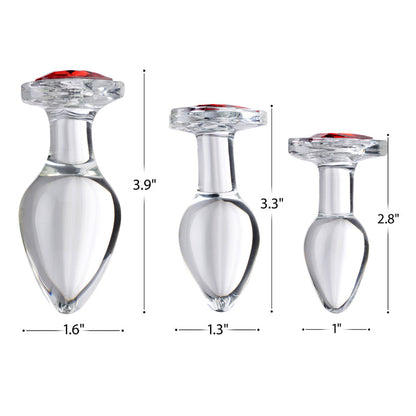 Clear glass anal plug with a red heart-shaped base, available in Small, Medium, or Large, designed for temperature play and smooth, comfortable insertion.

Booty Sparks red heart plug, glass anal plug, heart-shaped anal plug, temperature play anal plug, small glass anal plug, medium glass anal plug, large glass anal plug, red heart butt plug, hypoallergenic anal toy, romantic anal toy